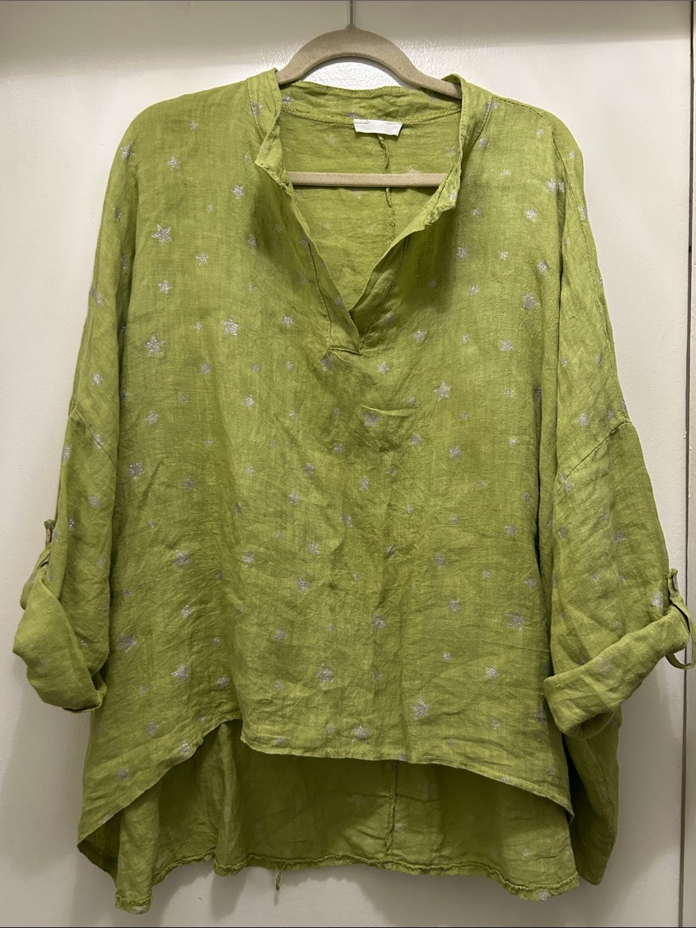 Linen Silver Stars Print Tunic Top - chartruese Green from Italy